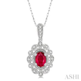 6x4 MM Oval Cut Ruby and 1/8 Ctw Lattice Round Cut Diamond Precious Pendant With Chain in 10K White Gold